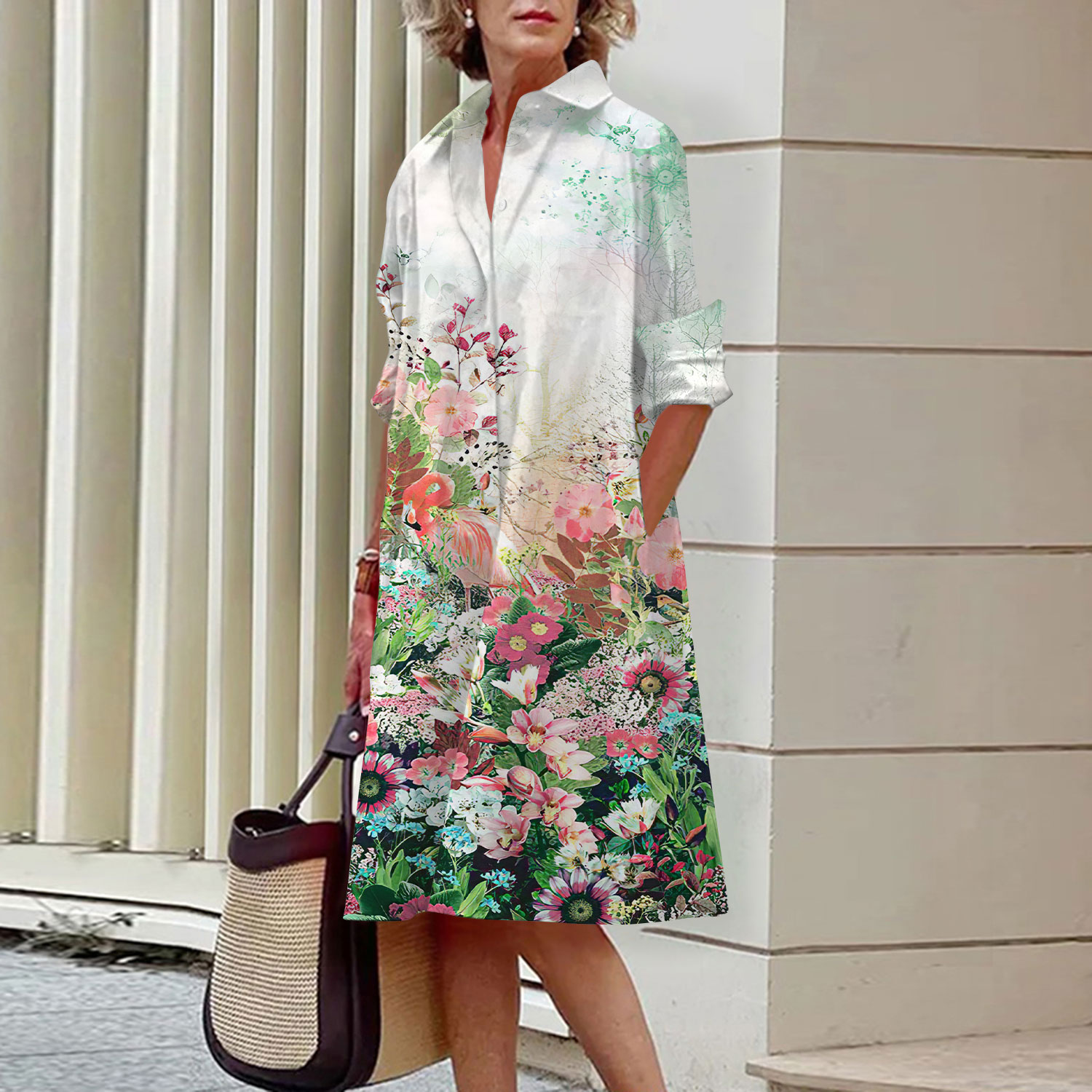 女性の花柄の長袖ミディドレス,ラペル,エレガント,カジュアル - Midi Skirt Floral のレビューと価格