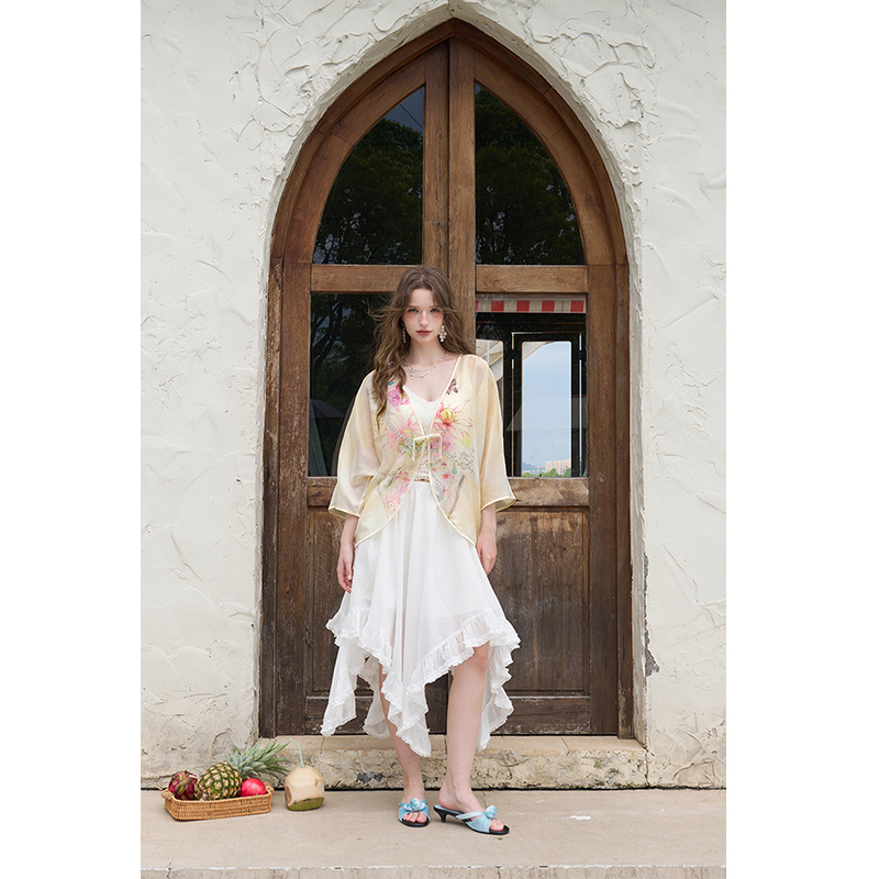 ELFSACK 新しい中国風カエルボタン着物ジャケット、水彩 - Kimono Sheer Floral のレビューと価格