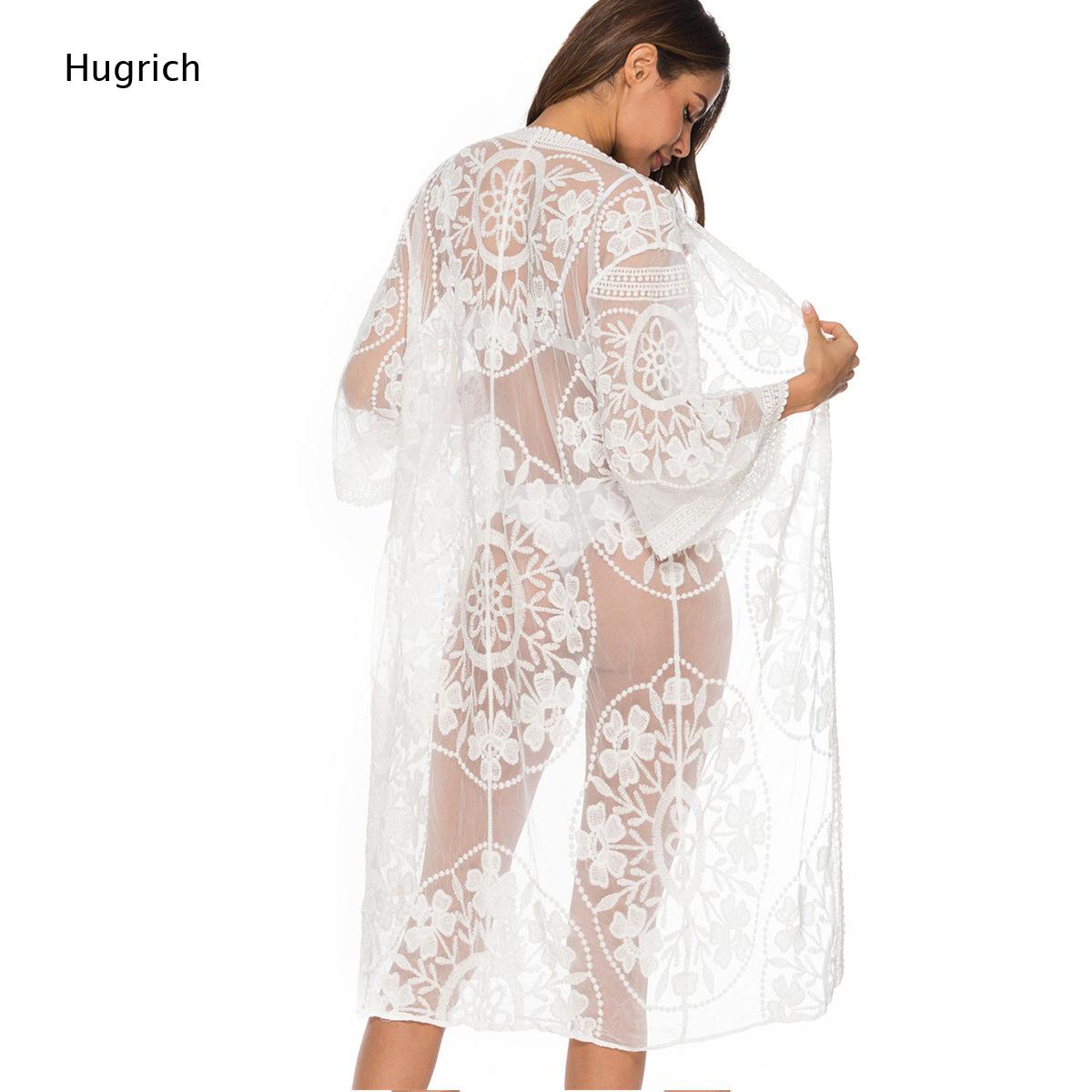 白い花柄刺繍レースのロング着物カバーアップ、オープンフロント - Kimono Sheer Floral のレビューと価格