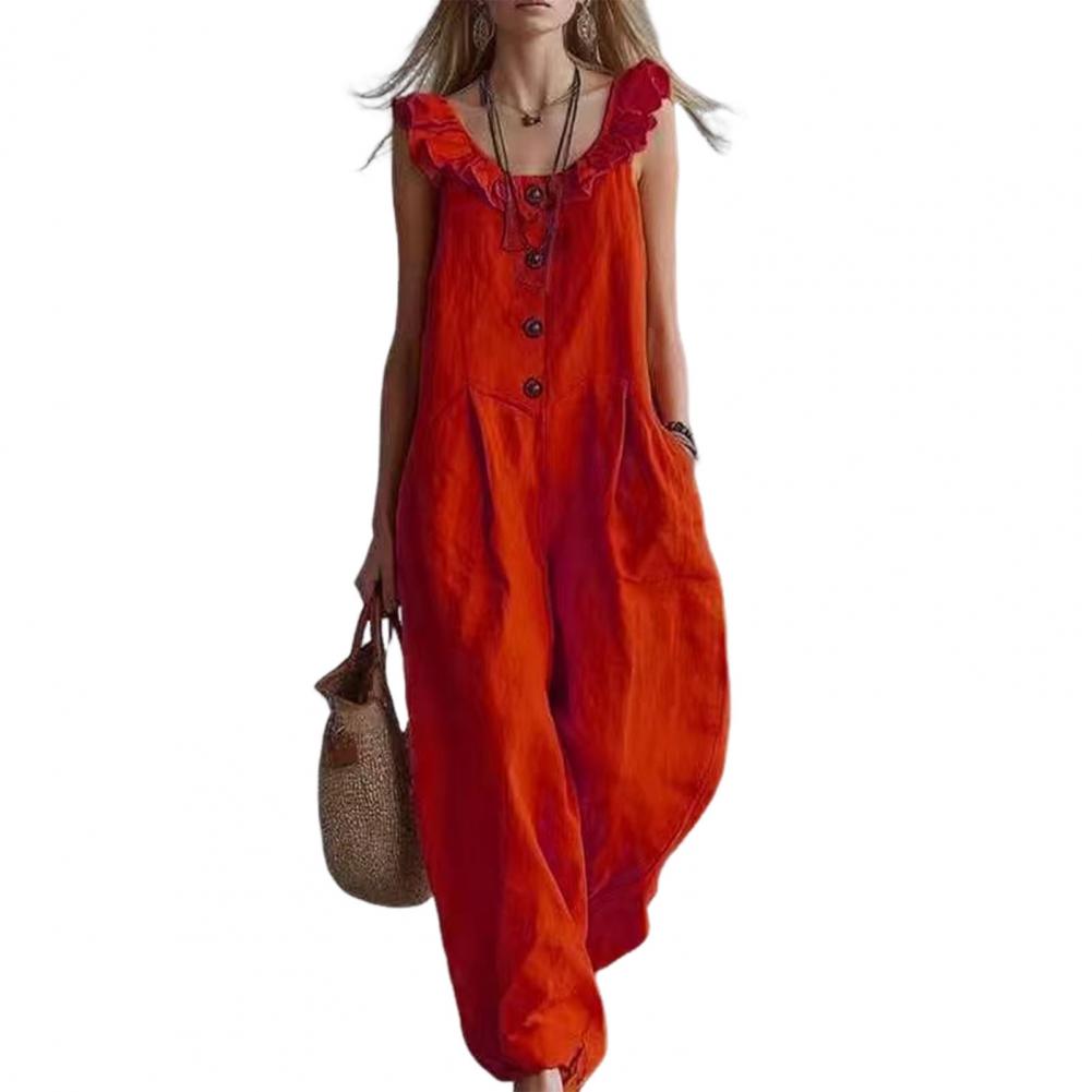 リラックスフィットロンパース レディース フリル付きクルーネ - Jumpsuit Linen Relaxed のレビューと価格