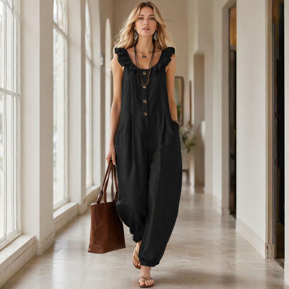 リラックスフィットロンパース レディース フリル付きクルーネ - Jumpsuit Linen Relaxed のレビューと価格