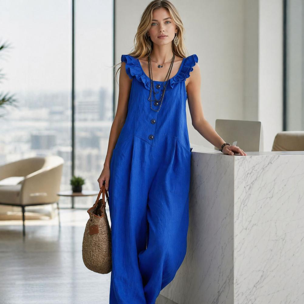 リラックスフィットロンパース レディース フリル付きクルーネ - Jumpsuit Linen Relaxed のレビューと価格