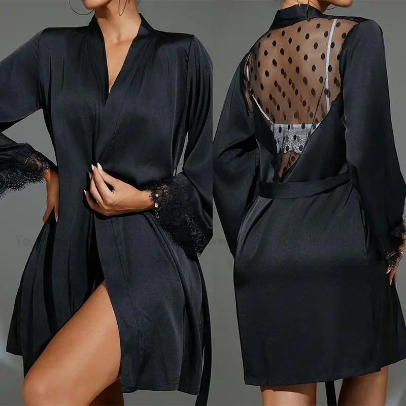ショート着物黒薄手のメッシュローブ長袖親密なランジェリー女性 - Kimono Sheer Floral のレビューと価格