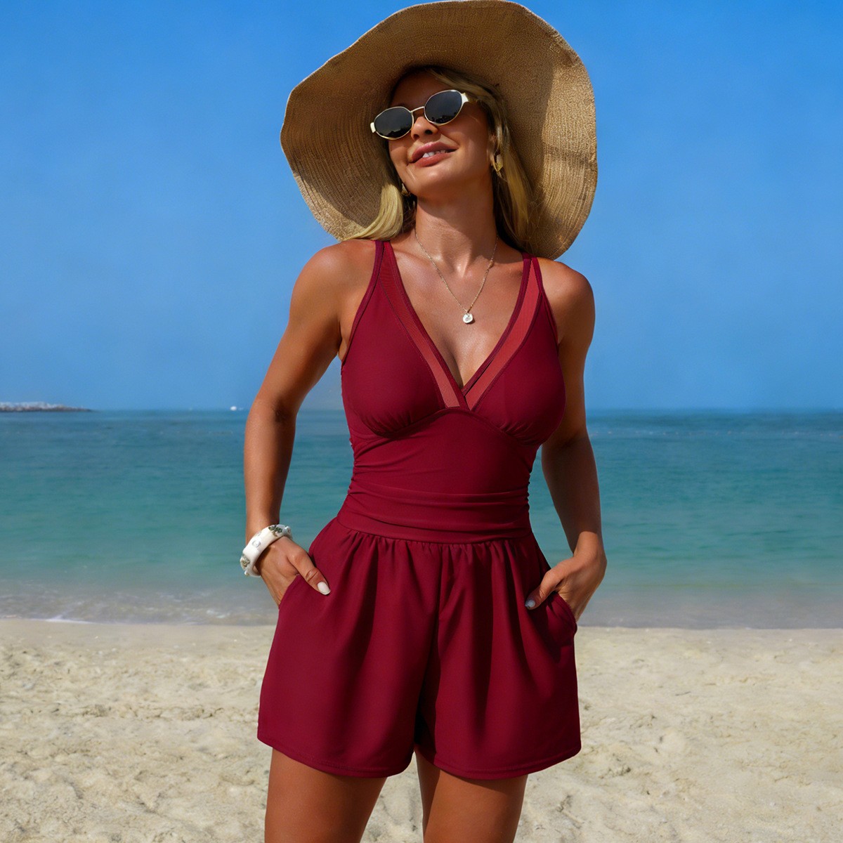 ブラックの無地ノースリーブVネック水着、シアーメッシュパネル - Swimsuit Bikini Ruched のレビューと価格