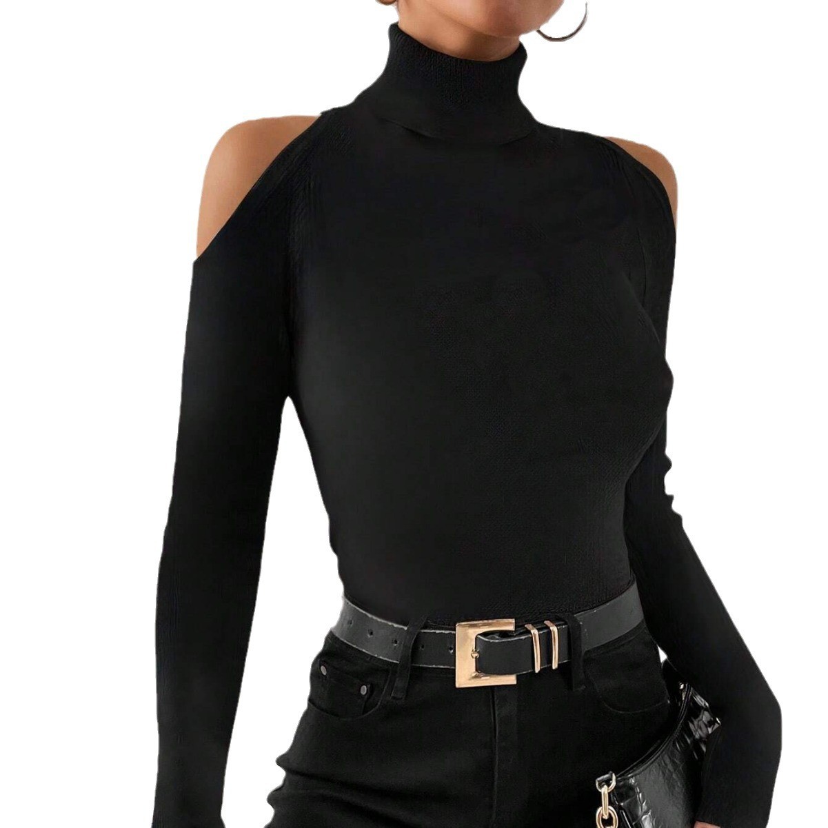 女性用エレガントオフショルダーフィットタートルネック無地しわ - Blouse Off Shoulder のレビューと価格