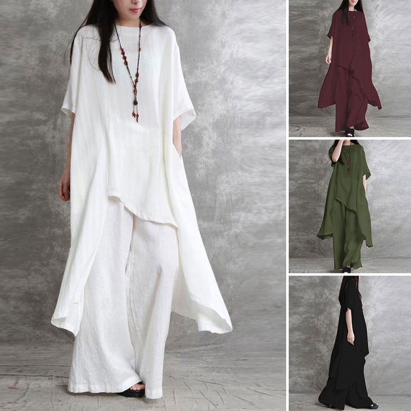 女性用コットンとリネンのスポーツウェア,半袖スーツ,ラウンド - Linen Pant Wide のレビューと価格