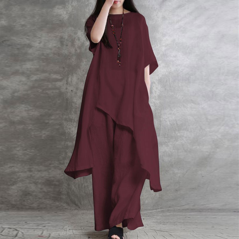 女性用コットンとリネンのスポーツウェア,半袖スーツ,ラウンド - Linen Pant Wide のレビューと価格