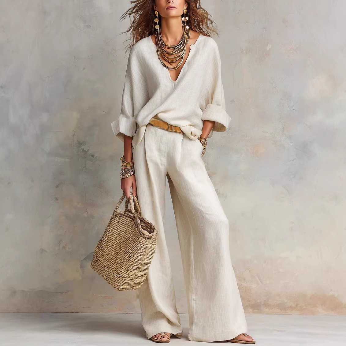 ヴィンテージ風レディースシンプルカジュアル綿麻Vネックバット - Linen Pant Wide のレビューと価格