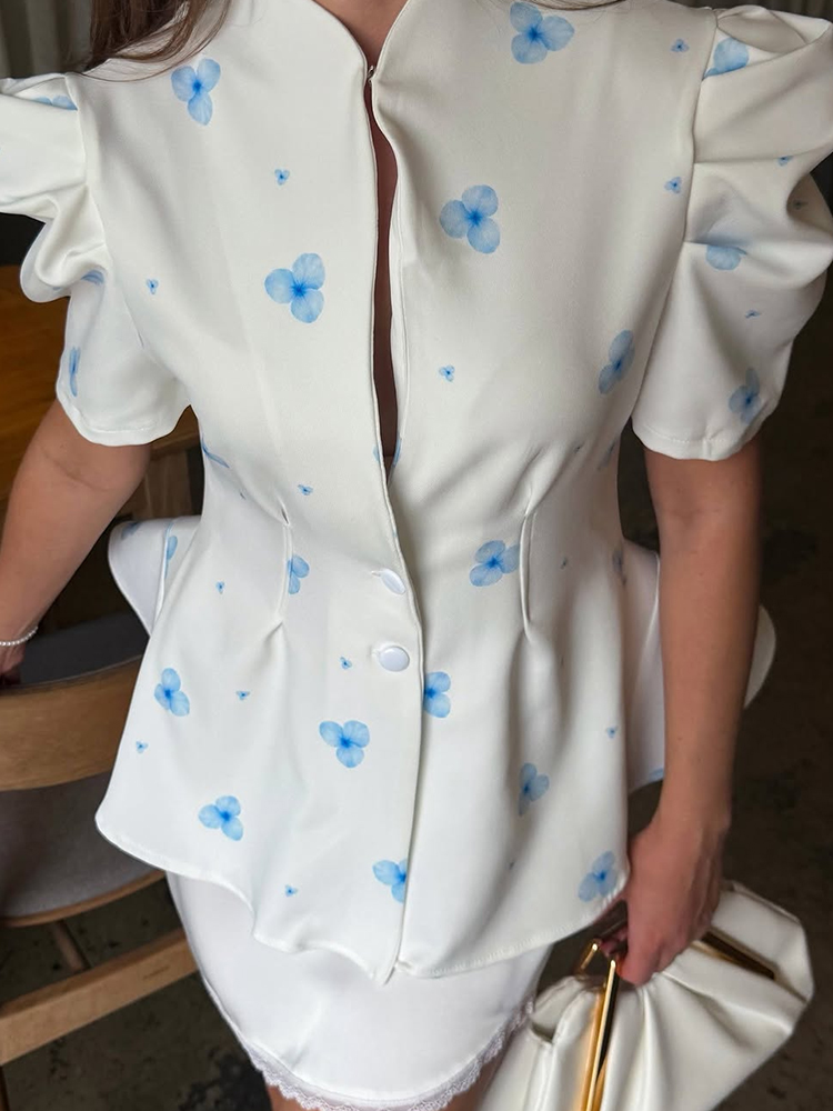 エレガントなサテン花柄プリントレディースブラウス、パフスリー - Romper Floral Print のレビューと価格