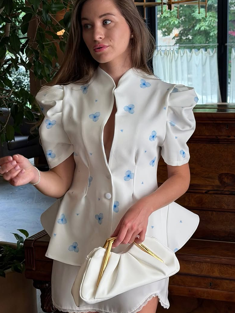 エレガントなサテン花柄プリントレディースブラウス、パフスリー - Romper Floral Print のレビューと価格