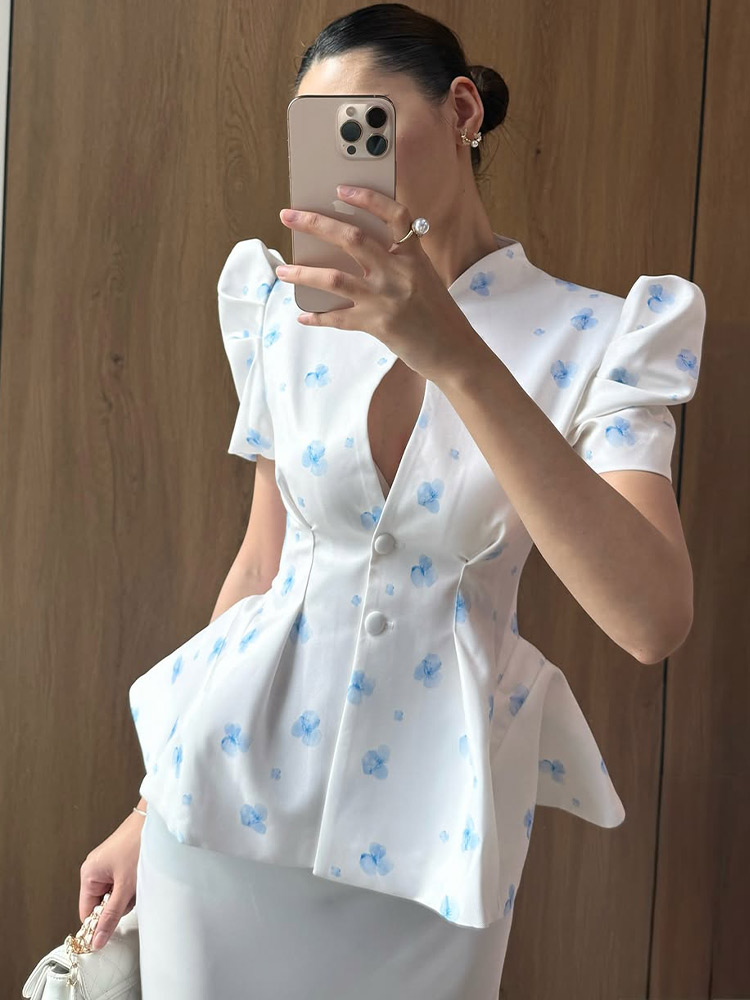 エレガントなサテン花柄プリントレディースブラウス、パフスリー - Romper Floral Print のレビューと価格