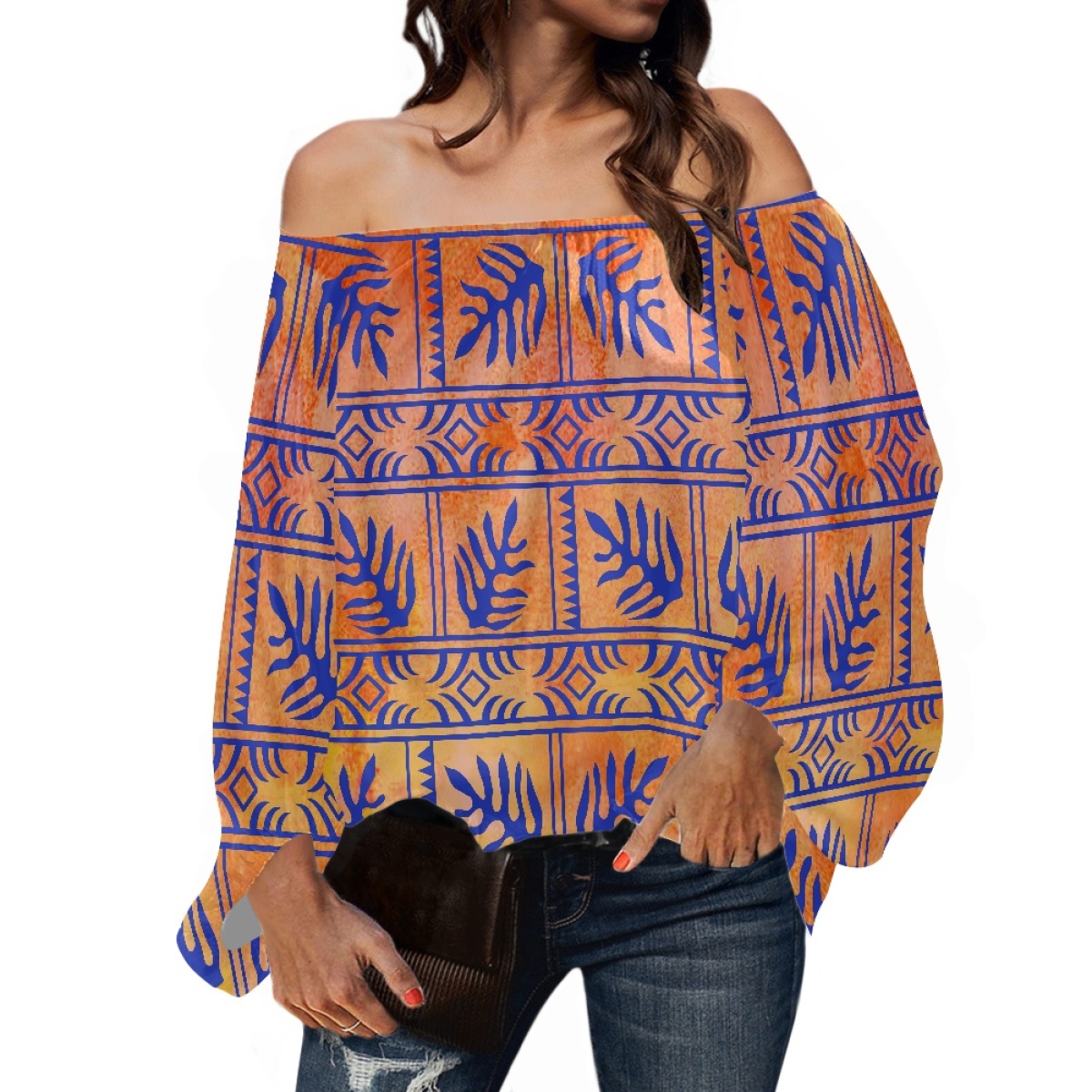ポリネシア部族服 サモアタパ トンガプリント ロングパフスリ - Blouse Off Shoulder のレビューと価格