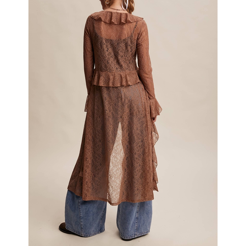 レディース花柄レースメッシュタイフロントマキシトップ、フリル - Kimono Sheer Floral のレビューと価格