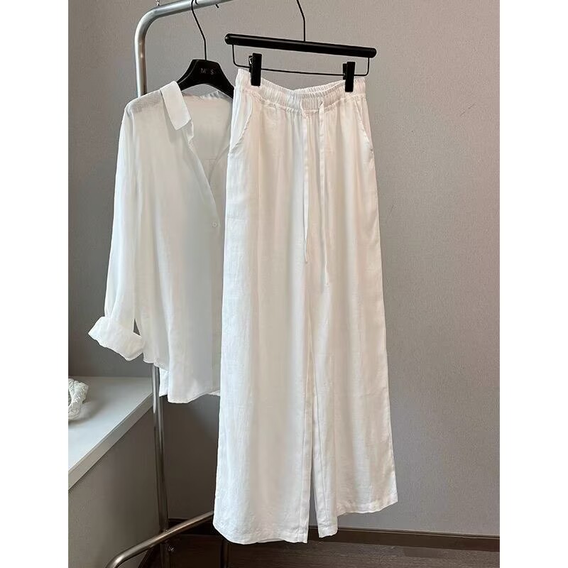 韓国白綿リネンワイドレッグパンツシャツセット女性のルーズファ - Linen Pant Wide のレビューと価格