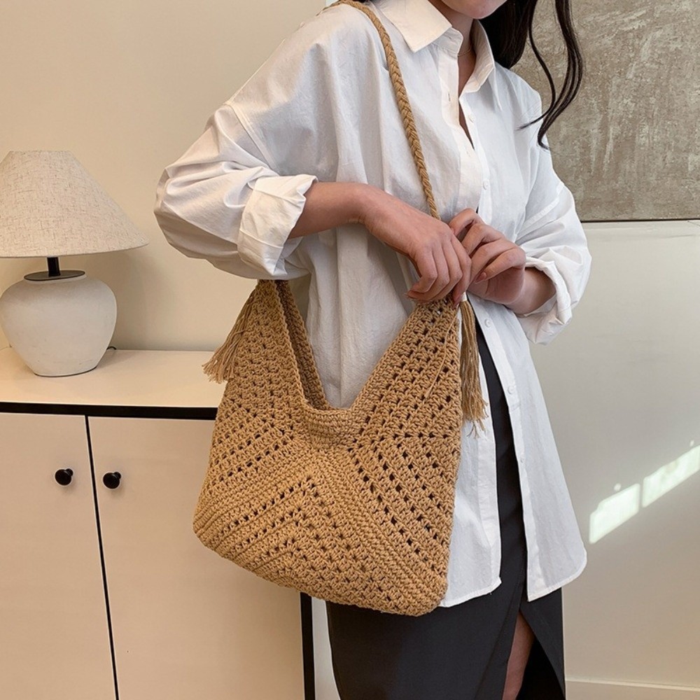 シンプルなボヘミアンニットショルダーバッグ綿糸中空かぎ針編み - Tote Bag Beach のレビューと価格