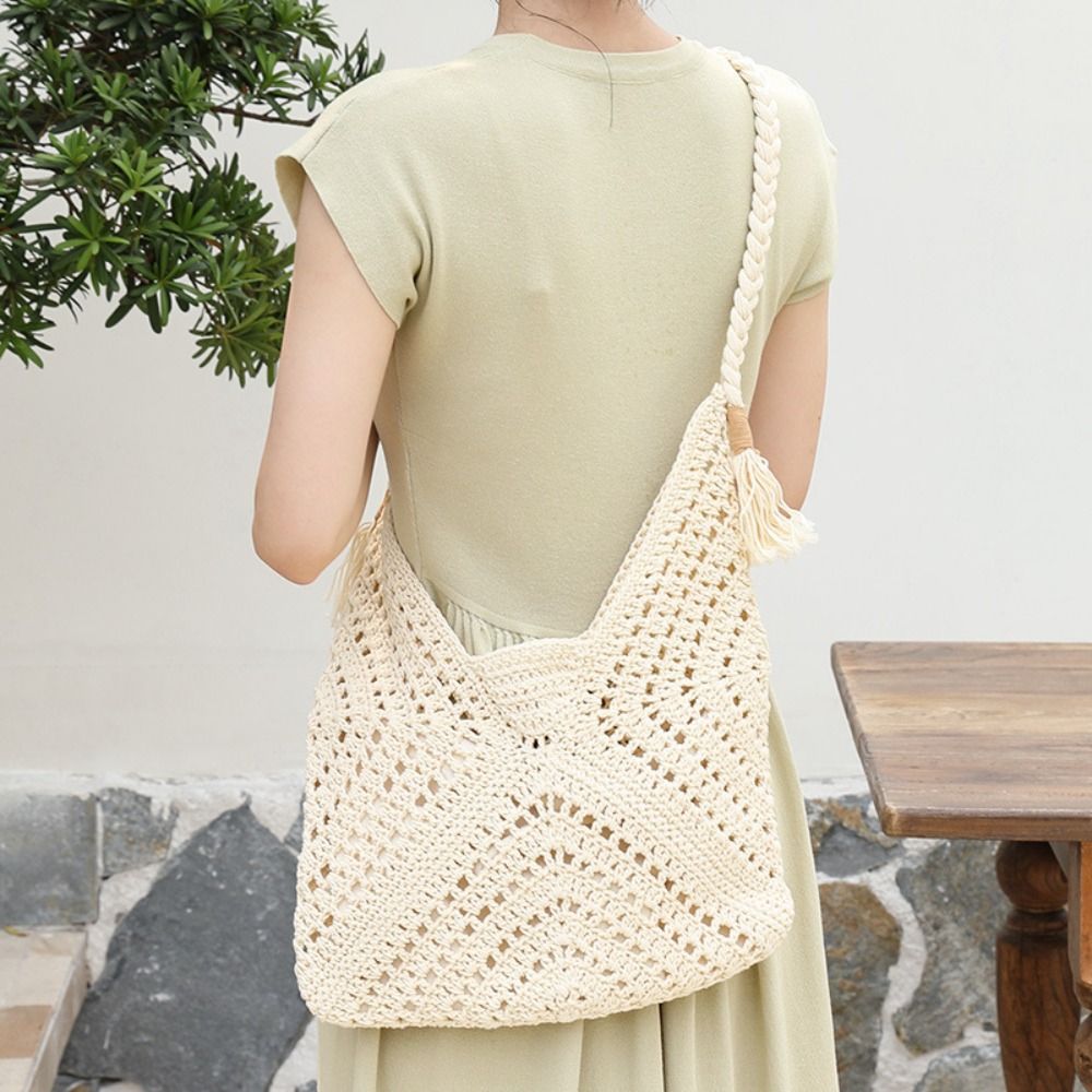 シンプルなボヘミアンニットショルダーバッグ綿糸中空かぎ針編み - Tote Bag Beach のレビューと価格
