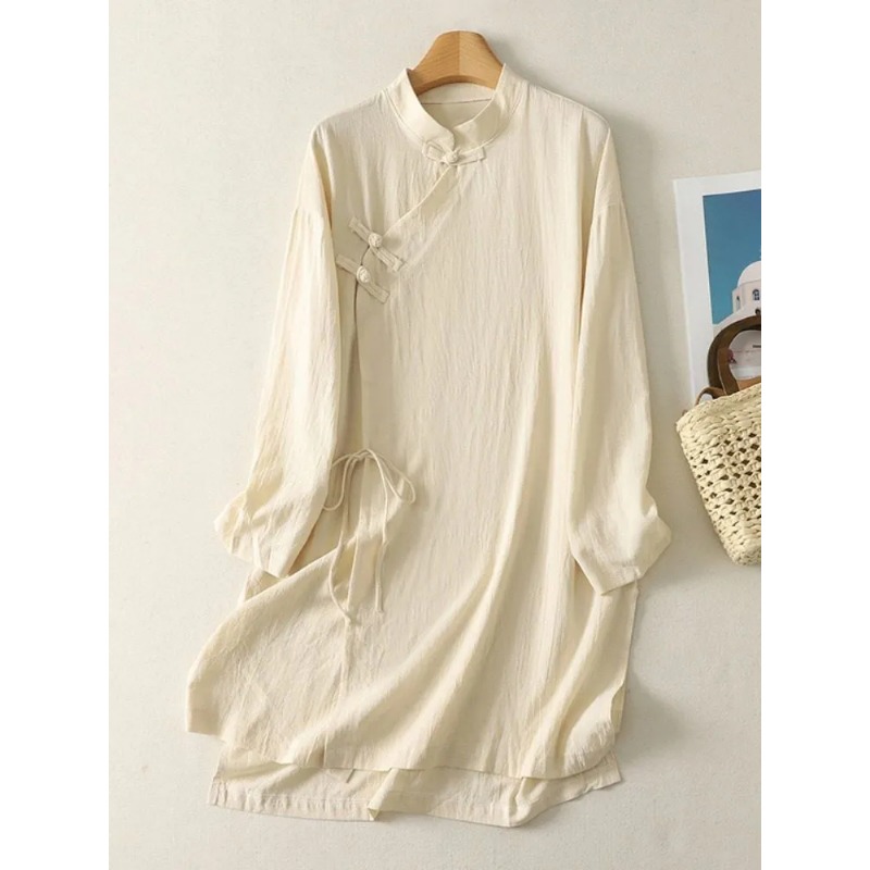 女性の中国風カエルボタンリネンチュニックドレススタンドカラー - Linen Dress Wrap のレビューと価格