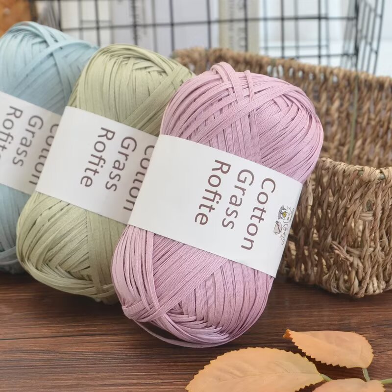 新しい多色ラフィア綿草糸フラットリボンかぎ針編み糸夏帽子ハン - Crochet Bag Raffia のレビューと価格