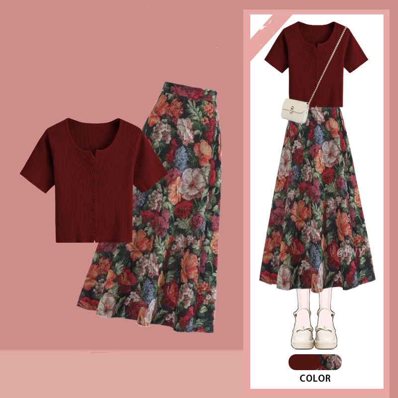 レディース ラッキーワインレッド Tシャツ 花柄スカート ツ - Midi Skirt Floral のレビューと価格