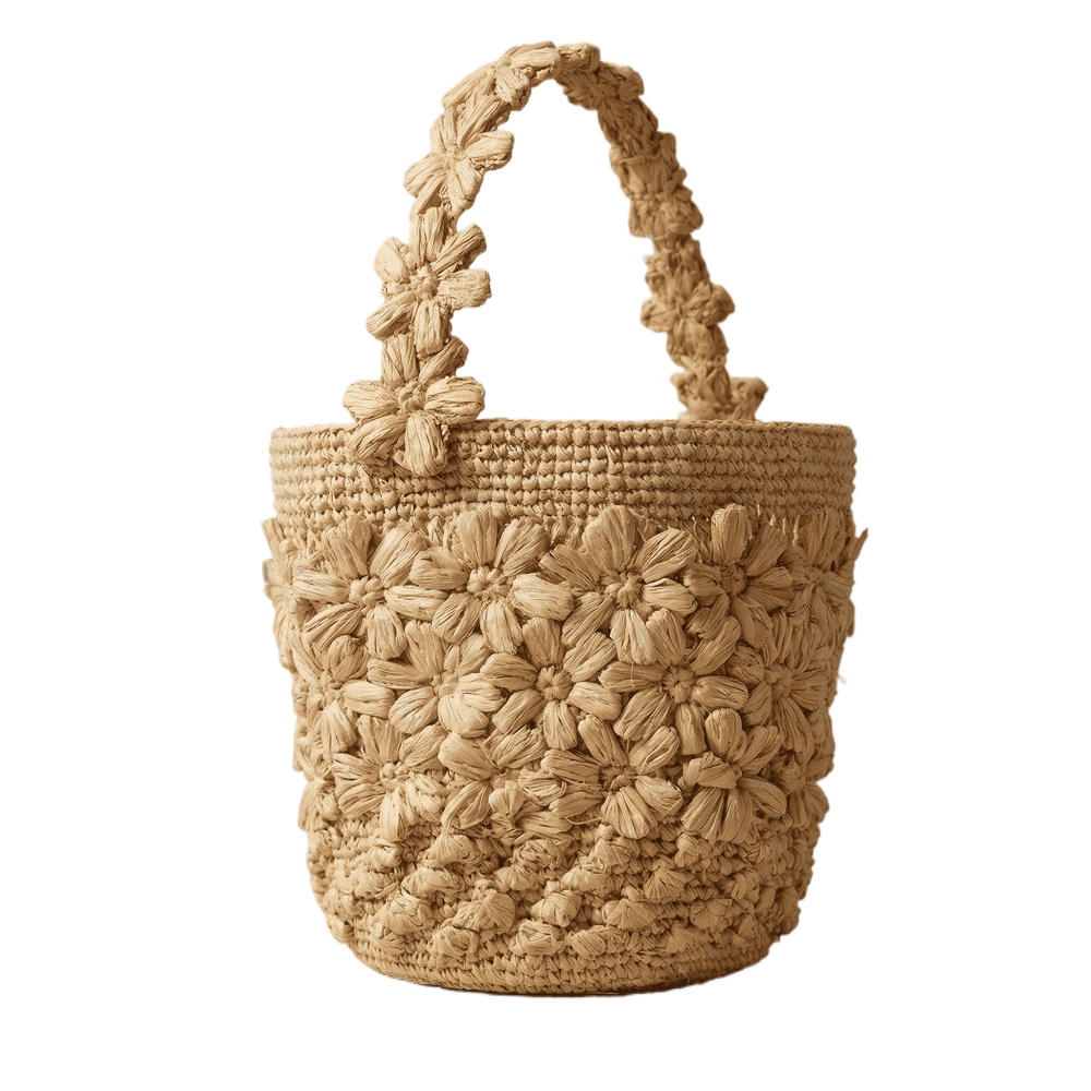 女性用サマーラフィア織りバケットバッグ　手作りクロシェフラワ - Crochet Bag Raffia のレビューと価格